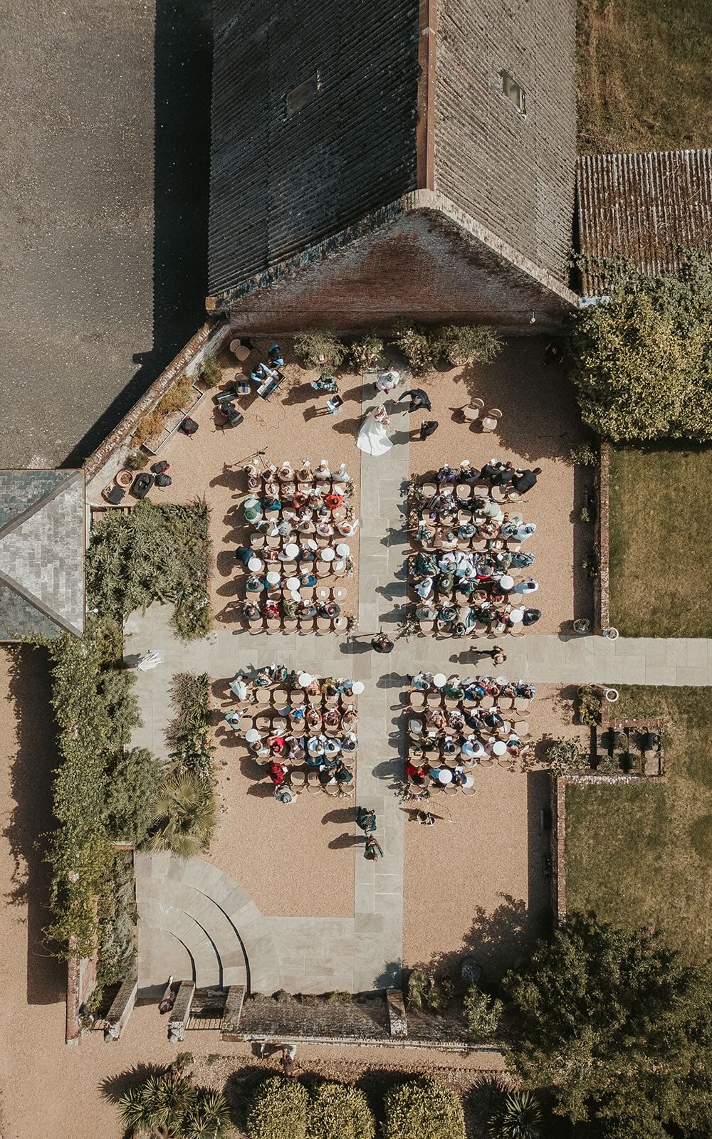 Aerial of the italian courtyard during a ceremony