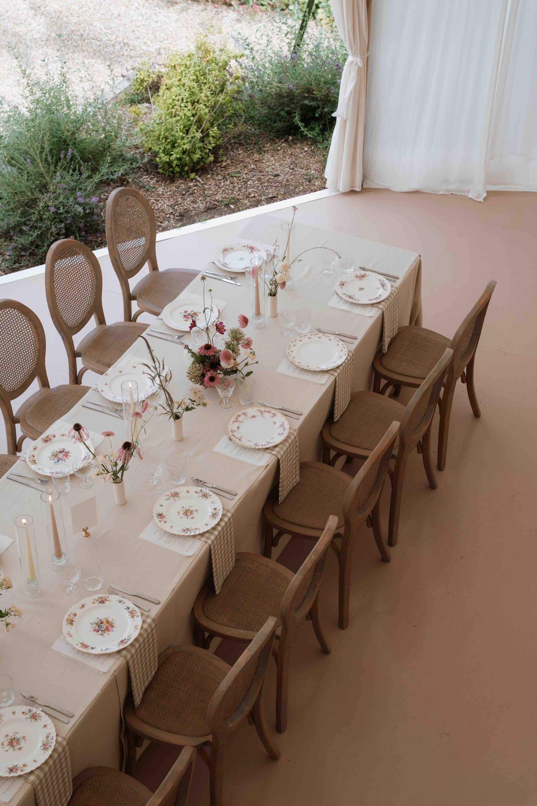 Wedding breakfast table set in the Pavilion at Ripple Court Estate